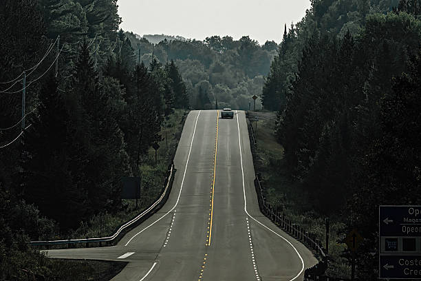 Algonquin Park, Ontario, Canada,, July 30, 2025. Vehicles driving along a winding, hilly stretch of Highway 60 as it passes through dense forest in Algonquin Provincial Park, Ontario, Canada. The road climbs gently toward the horizon, bordered by tall trees on both sides, creating a strong sense of depth and movement. Soft, natural lighting from early morning or late afternoon adds a peaceful ambiance to the scene. Clear road markings include solid yellow center lines and dashed white edge lines. Roadside signs are visible, providing important information to travelers navigating this scenic route.