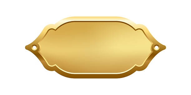 istock Blank golden nameplate plaque with decorative edges and screw holes. Empty metallic label for engraving, signage, awards, door signs. Realistic vector illustration 2229629078