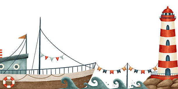 A whimsical coastal scene with a charming boat, majestic lighthouse, and colorful flags waving in the breeze. Isolated hand drawn horizontal banner template.