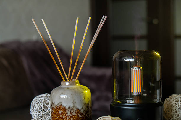 istock Home fragrance aromatic diffuser with essential oil. Modern air humidifier at home. Improving the comfort of wellbeing living in house. Ultrasonic aroma perfume steam 2229635845