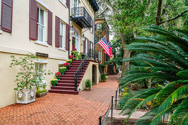 Savannah, GA, December 28, 2023: View down beautiful residential street in the historic center of Savannah, Georgia