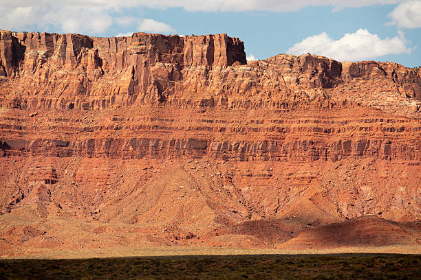 istock Towering Red Rock Cliff with Striking Sedimentary Layers in the Southwest Desert 2229644494