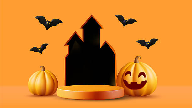 istock 3D vector illustration render of an orange circular stage or podium in front of a black castle with smiling pumpkins and flying bats for a Halloween themed product display area, festival poster. 2229645155