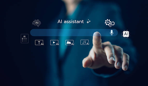 istock Businessman using AI assistant interface with futuristic digital icons, representing artificial intelligence technology for automation, search, and productivity in business and daily tasks. Smart AI 2229645278