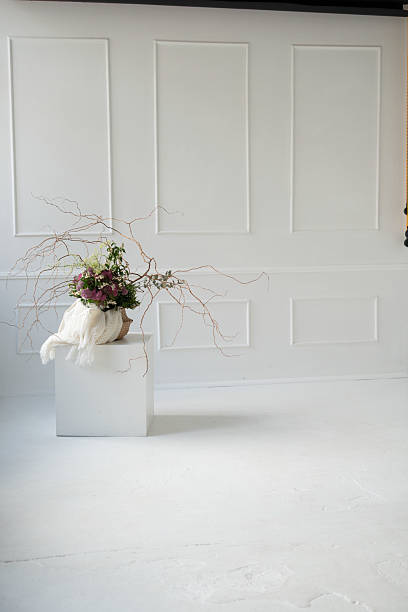 minimalist interior with a decorative floral arrangement on a white pedestal against a textured white wall, evoking a serene and elegant ambiance through simple and natural elements, beauty, organic