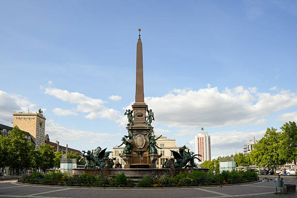 Leipzig, Germany, August 6, 2025. The neo-baroque Mendebrunnen (Mende Fountain) on Augustusplatz, Leipzig, Saxony, Germany