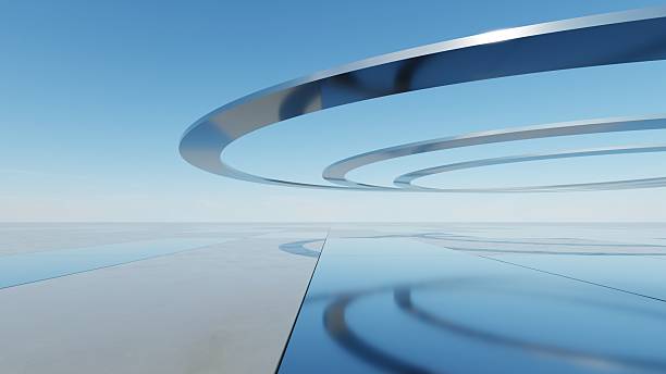 3d illustration of abstract wavy architecture background, Minimal curved geometry architectural design, Car presentation backdrop with empty concrete floor, Flowing geometric metal building design