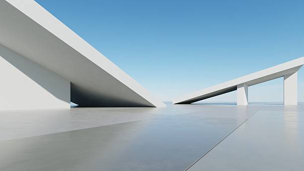 istock 3d illustration of abstract modern architecture background, Minimal geometry architectural design, Car presentation backdrop with empty concrete floor, Geometric white blocks building design 2229653775
