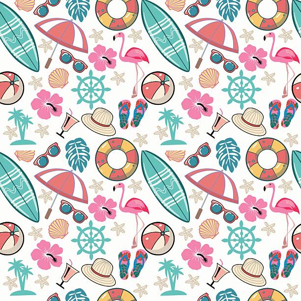 istock Cartoon beach recreation attributes, parasol sunglasses, ball slippers and surfboard. 2229656183