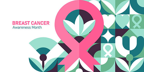 Breast Cancer Awareness Month background with modern geometric shapes, abstract Bauhaus-inspired design, and iconic pink ribbon symbol, ideal for health awareness campaigns, posters, and social media