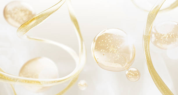 istock Gold liquid skincare background. Oil drops texture with bubbles, waves and splashes. Yellow transparent serum, collagen gel, essential droplets. 3d render honey, syrup or juice blobs 2229662481