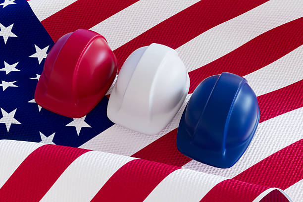 Construction hard hat safety tools equipment workers in construction site engineering protection head hang on wood wall. Many hard hat row helmet with copy space. Engineering Construction Concept
