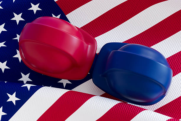 American Flag and Hardhats, Happy Labor Day Concept. Digitally generated image. 3d render.