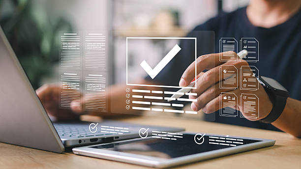 istock Businessman showing online document validation icon, quality assessment management With a checklist, business document evaluation process, market data report analysis and consulting, plan review process. 2229668005