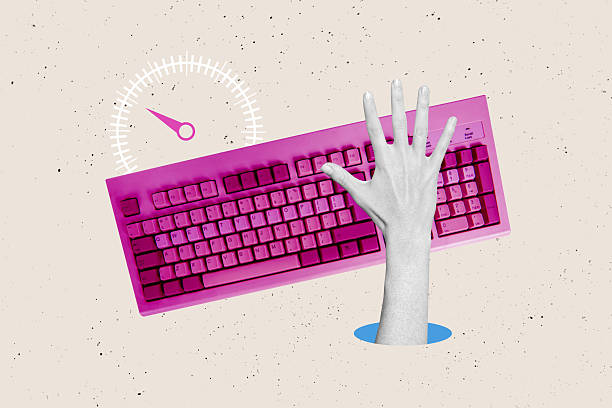 istock Composite trend artwork sketch image photo collage of office manager huge keyboard press button huge hand appear hole compass travel route 2229670863