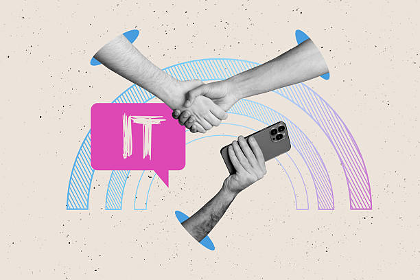istock Creative collage picture handshake gesture body fragments textbox message information technologies smartphone digital device 2229670904