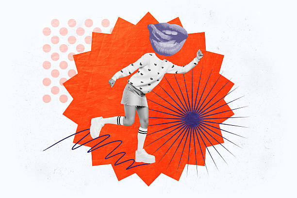 istock Composite trend artwork sketch image photo collage of illustration dot backdrop sketch caricature head lips mouth grimace young lady walk 2229670959