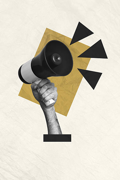 istock Composite artwork 3D sketch image collage of workspace monochrome silhouette huge hand arm appear hold megaphone loudspeaker talk leader 2229671311