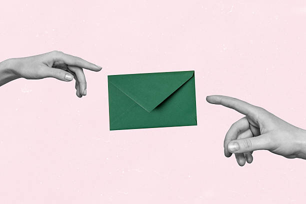 Composite creative art collage of hands reach together fingers envelope postal worker correspondence isolated on painted background