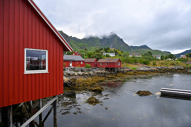 Traditional red Rorbu Huts in Ballstad, Lofoten, Norway.