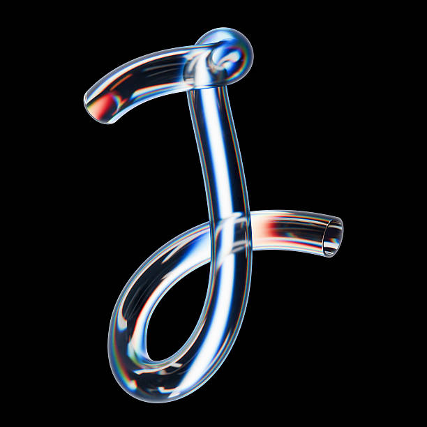 istock Glass 3D rendering letter J, glossy transparent tubular typography with iridescent holographic highlights 2229672267