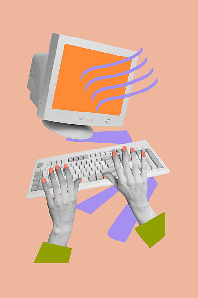 istock Vertical collage poster human hands type browse computer keyboard screen monitor user modern technology remote job drawing background 2229672371