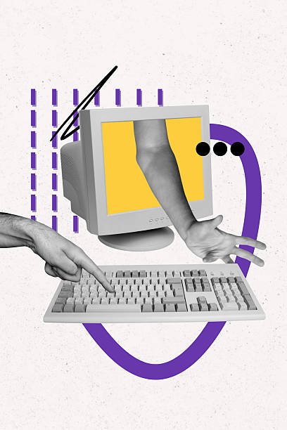istock Trend artwork composite image photo collage of business workspace obsolete old computer monitor display keyboard mouse finger press button 2229672459