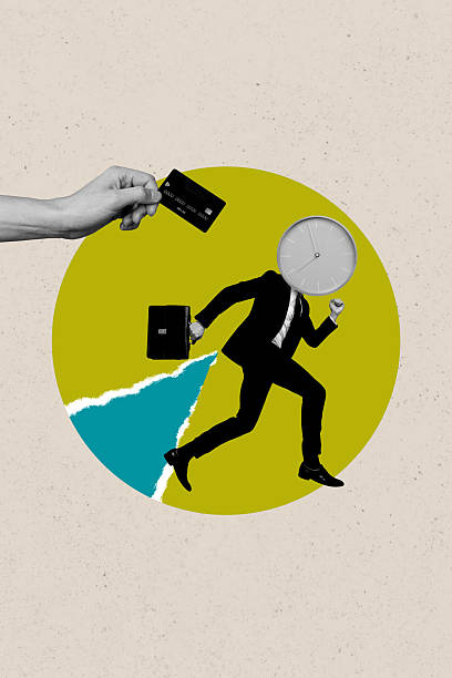 istock Trend artwork composite sketch image collage of young woman office manager headless clock time deadline run earn money bank credit card 2229672474
