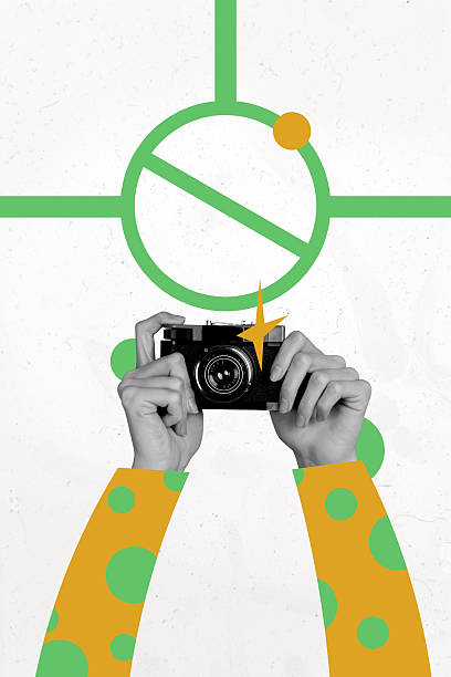 istock Vertical creative art collage of hands hold photo camera device retro paparazzi device stop restriction isolated on painting background 2229672493