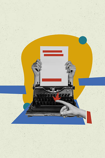 istock Vertical photo collage of hands type book story use typewriter machine push buttons letter print novel isolated on painted background 2229672496