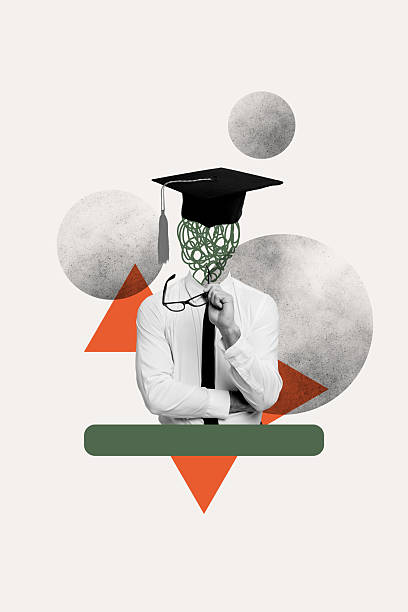 istock Vertical photo collage of minded faceless man wear academic master hat think idea hold glasses business deal isolated on painted background 2229672523