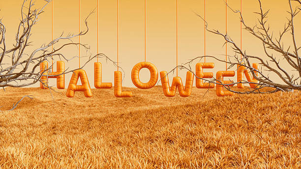 Halloween Balloon on Autumn Landscape. Digitally generated image. 3d render.
