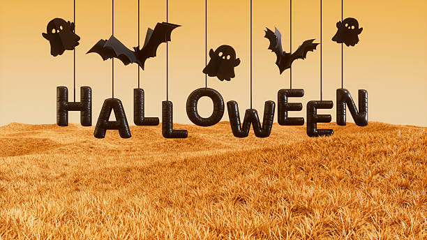 Halloween Balloon, Ghosts and Bats on Autumn Landscape. Digitally generated image. 3d render.