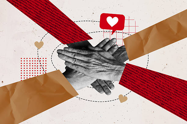 istock Image collage sketch of people together touch hands support team connection isolated on creative background 2229672920