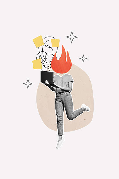 istock Composite trend artwork sketch image 3D photo collage of silhouette headless young lady walk work laptop remote fire burn flame think mind 2229672955