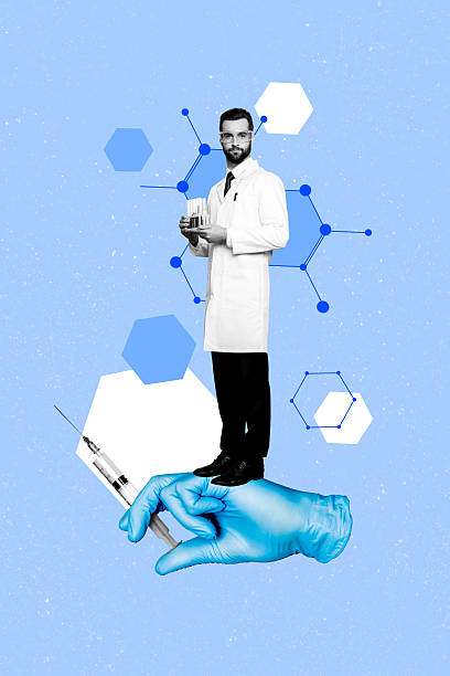 istock Vertical poster collage handsome man doctor scientist research experiment injection needle covid19 cure white coat robe hand hospital 2229673844