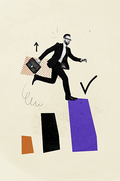 istock Vertical creative art collage of serious businessman run development chart checkmark approval career growth isolated on painting background 2229673880