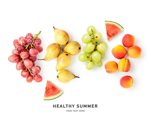Summer fruits photography flat lay. Pears, apricots, watermelon and grape isolated clusters composition on white background. Modular food layout. Minimal fruit design. High resolution