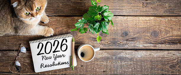 istock New year resolutions 2026 on desk. 2026 resolutions list with notebook, coffee cup, cute cat on table. Goals, resolutions, plan, cozy, hygge concept. New Year 2026 background 2229678886