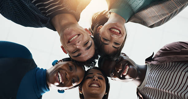 istock Low angle, smile and business people with portrait, collaboration and creative project with success. Group, below and men with women, teamwork and design agency with happiness, about us or solidarity 2229683537