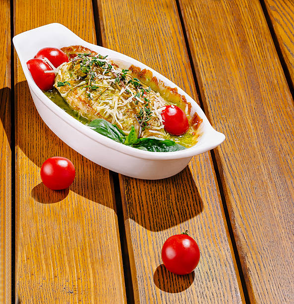 Delicious Lasagna on yellow background, top view
