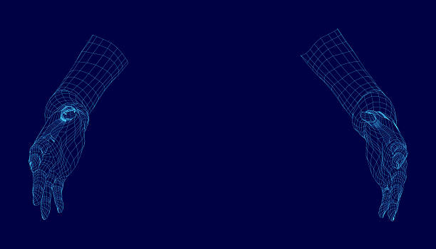 istock A pair of blue hands wearing gloves creates a 3D wireframe model of a human hand on a dark blue background. The digital design features intricate details and a futuristic aesthetic. 2229684273