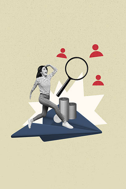 istock Vertical poster collage young woman runner magnifying loop enlarger discovery explore find employee candidate hr coins stack salary 2229687796