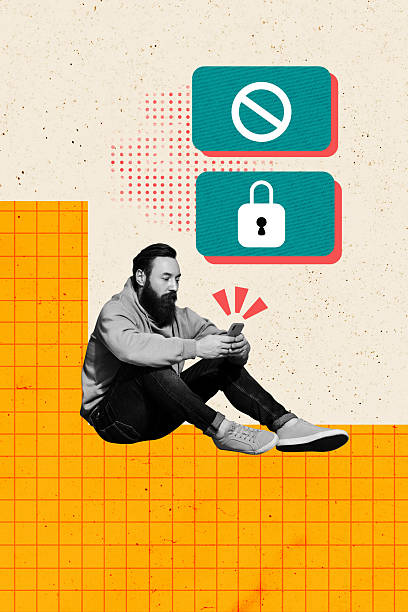 istock Vertical photo collage of serious man hold blocked iphone device locked data prohibition sign privacy virus isolated on painted background 2229688022