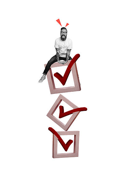 istock Vertical creative art collage of excited guy sit checkmark sign option confirmation approval solution isolated on painting background 2229688023