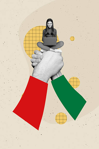 istock Composite trend artwork sketch image collage of hand gesture fist unity partnership hold together miniature young lady sit work laptop 2229689250