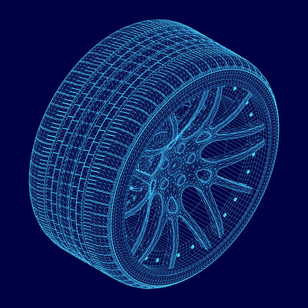 istock A 3D wireframe model of a car wheel displays intricate structural details against a solid blue background. The blueprint-style rendering highlights the wheel's design with precision. 2229689849