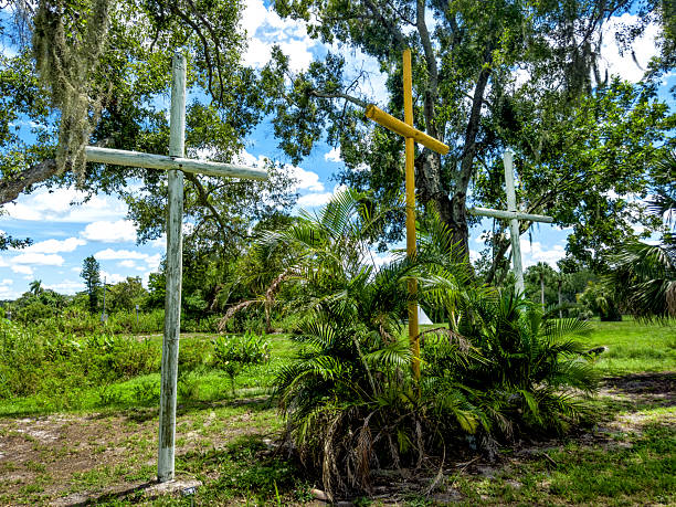 Close up wooden religious cross in nature