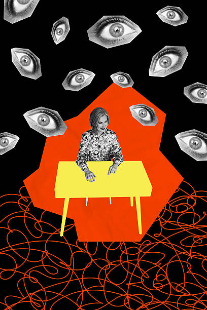 istock Composite trend artwork 3D sketch image collage of workspace aged woman sit table work many eyes watch peek vision spy dark night 2229691006