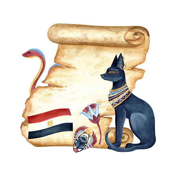 istock Egyptian papyrus scroll with flag of Egypt, sacred lotus, scarab beetle, Bastet, snake. Ancient old paper sheet. Watercolor illustration isolated from background. Hand drawn composition for postcard 2229692486
